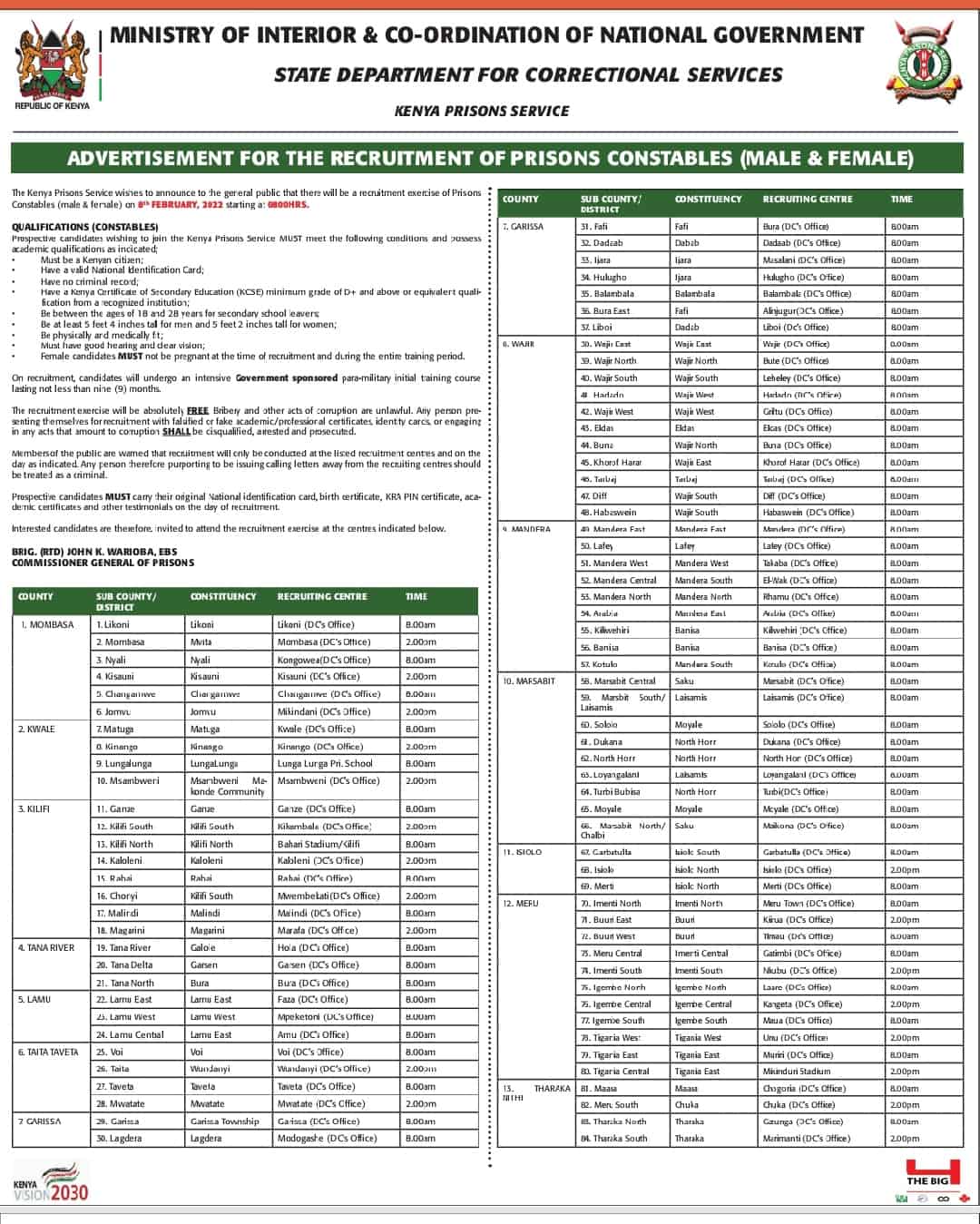 Kenya-Prisons-Recruitment Dates-and-Centers 
